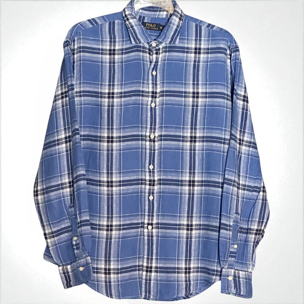Polo Ralph Lauren Linen Plaid Button Down Shirt Men's XL Blue White Chambray